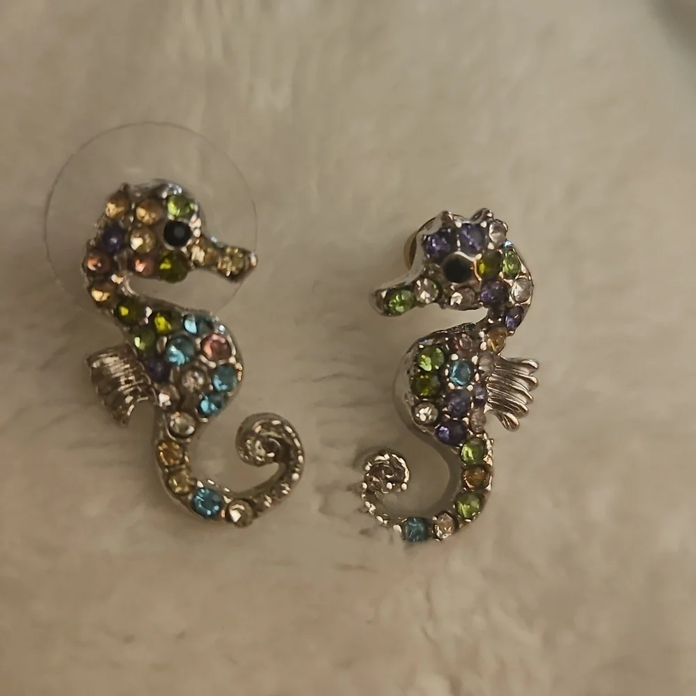 3/$30 Pastel Paved Rhinestone Seahorse Post Earrings